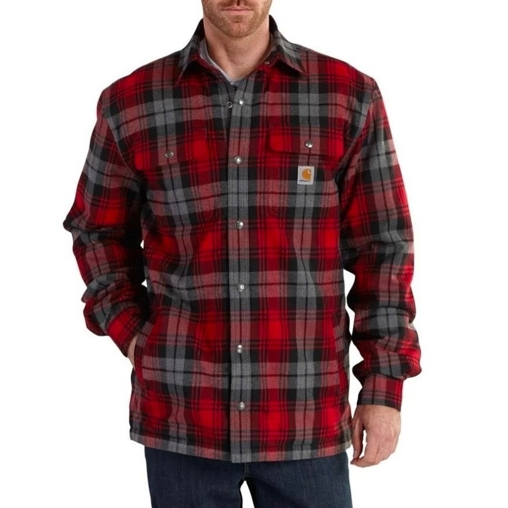 Carhartt Mens 2XL Tall Red Black Plaid Flannel Sherpa Lined Shirt Jacket relaxed